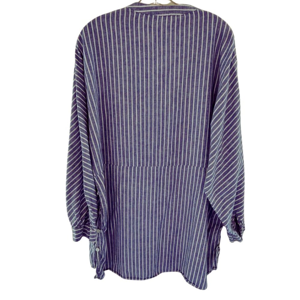 ZARA trf Collection Relaxed Linen/Cotton Blend Striped Blue White Tunic Shirt - Picture 6 of 14